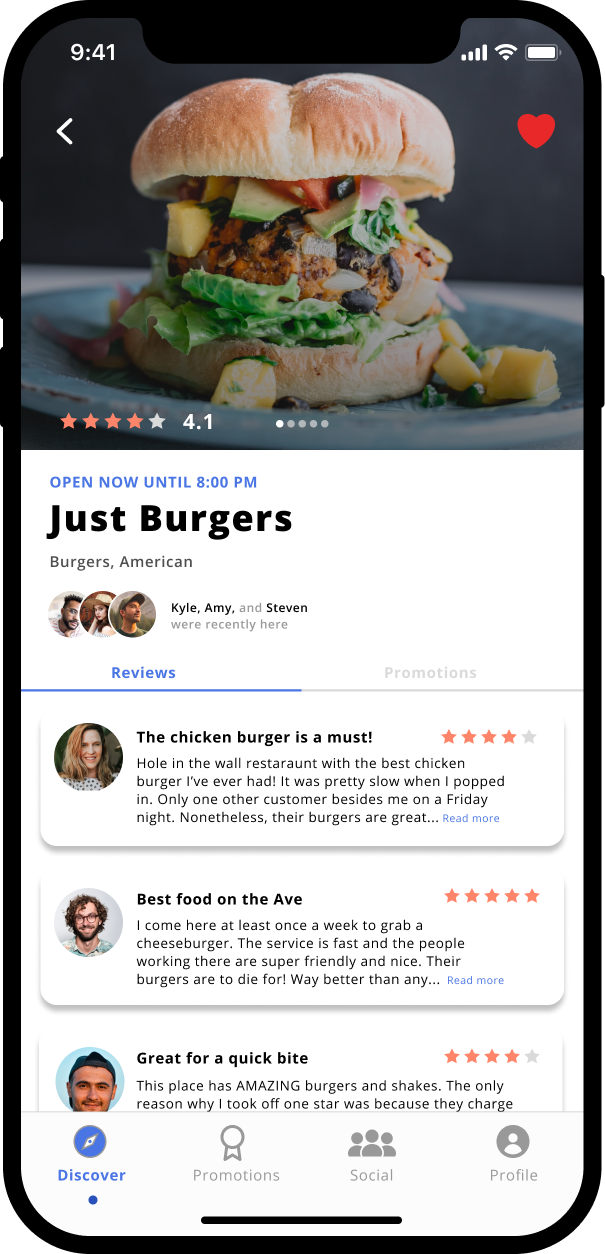 Around Town high-fidelity scrolled business reviews screen